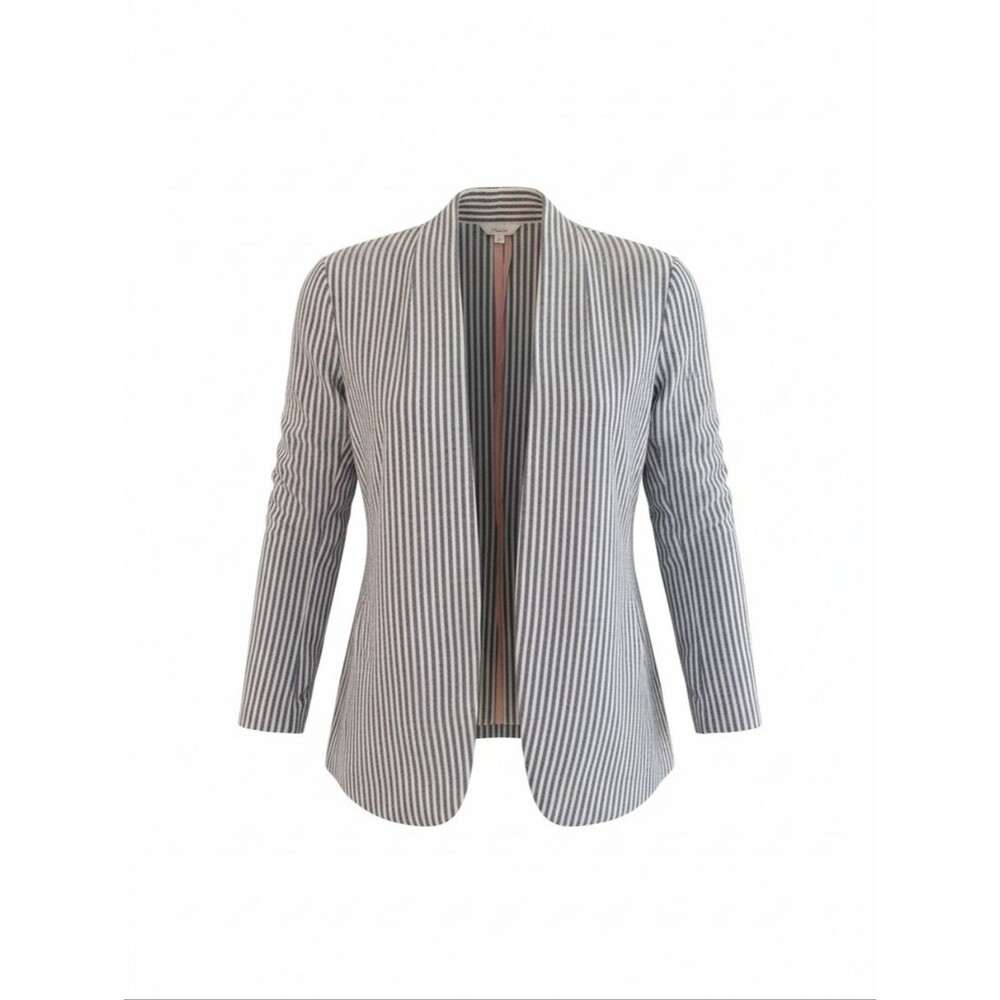 Takara Linen Blazer Striped Open Front Pockets Shawl Collar Office Career Large